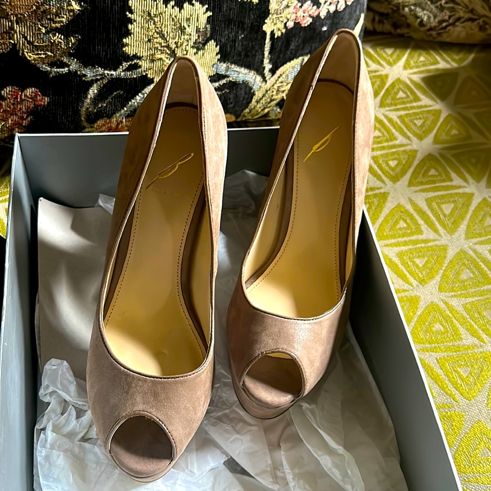 Brian Atwood. 7.5. Brand new. Never worn. Taupe color.